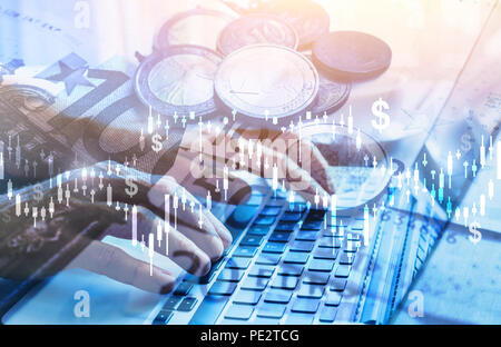 investment double exposure concept, financial charts for business analytics, dollar money and hands typing on computer, blue background Stock Photo