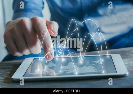 global business network and communication concept with businessman working on tablet screen with world map and international connections Stock Photo