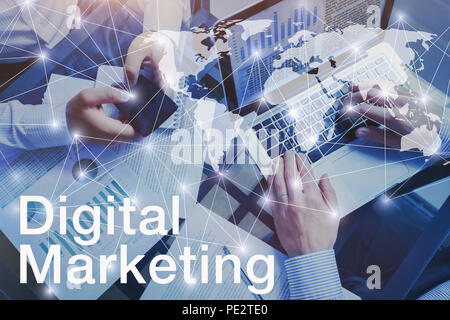 digital marketing concept, hands of business team people working on computer Stock Photo