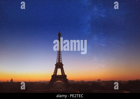 night in Paris with blue starry sky, beautiful romantic view of Eiffel Tower with stars, France