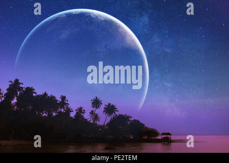 fantasy landscape, imaginary world, view of tropical wonderland with starry sky and big planet, dreamworld Stock Photo