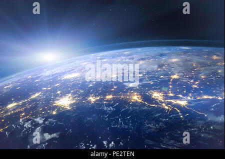 beautiful planet Earth seen from space, aerial view of night lights with copyspace, blue tone, original image furnished by NASA