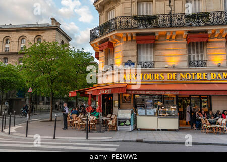 Cafe  and builidings across the street from the Notre Dame Cathedral in Paris, Francis. Stock Photo