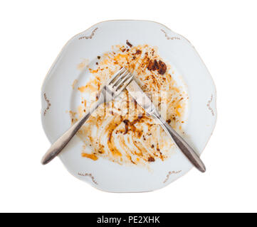 Dirty plate with knife and fork on white background Stock Photo