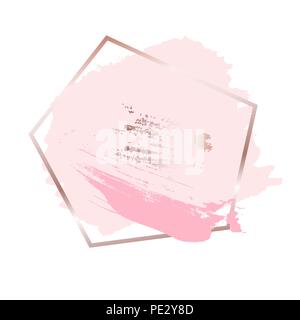 Brush strokes in rose gold pink tones and golden frame background. Vector Illustration Stock Vector
