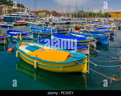 Nice, France - May 24, 2018: Old classic wooden boats and luxury yachts in Lympia port of Nice, Côte d'Azur Stock Photo