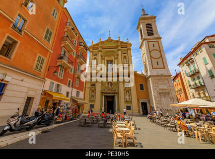 Nice, France - May 24, 2018: View onto famous Place Rossetti and Sainte Reparate Cathedral Basilique in Nice, French Riviera Stock Photo