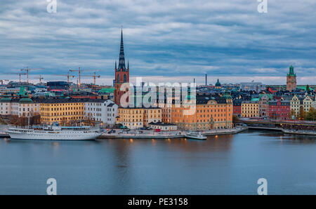 Stockholm, Sweden - October 24, 2017: Panoramic view across Lake Malaren onto traditional gothic buildings in the old town, Gamla Stan and Riddarholme Stock Photo
