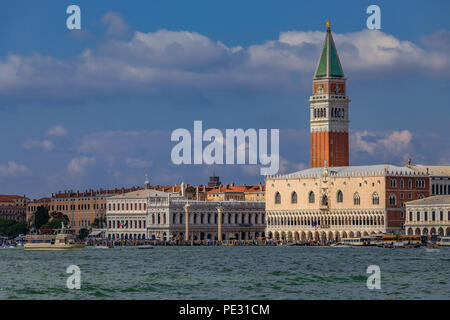 View of the Doge's Palace and St.Mark's Campanile on St. Mark (San Marco) square in Venice, Italy, seen from the Venetian Lagoon