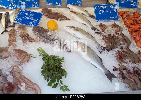 Nice, June 2018, Various fish on ice at a street market Stock Photo