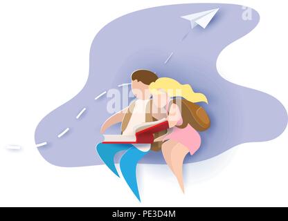 Back to school 1 september card with boy and girl reading book and sitting on cloud. Vector illustration. Paper cut and craft style. Stock Vector