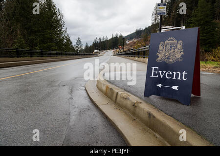 WEST VANCOUVER, BC, CANADA - FEB 10, 2016: A real estate event sign for a showing in West Vancouver's British Properties newest area of development. Stock Photo