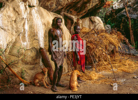 The Hadza people are click-speaking people, hunter gatherers, living in the region of Lake Eyasi, Tanzania. There are perhaps only 200 of them still l Stock Photo