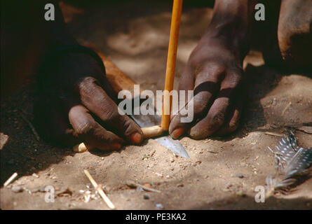 The Hadza people are click-speaking people, hunter gatherers, living in the region of Lake Eyasi, Tanzania. There are perhaps only 200 of them still l Stock Photo