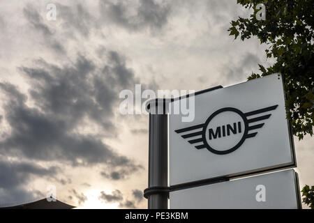 BELGRADE, SERBIA - AUGUST 11, 2018: Mini logo on their main dealership store Belgrade. Also known as Austin or Cooper, Mini is a British car manufactu Stock Photo