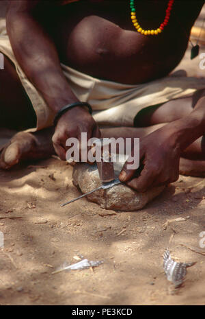 The Hadza people are click-speaking people, hunter gatherers, living in the region of Lake Eyasi, Tanzania. There are perhaps only 200 of them still l Stock Photo