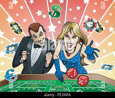 Cartoon-style illustration: a young couple playing dice at the Casino Stock Vector