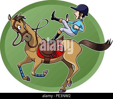 Funny cartoon-style illustration: a rider is unsaddled from his galloping horse. Green oval shape on the background Stock Vector