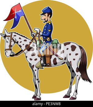 Cartoon-style illustration: United States Cavalry soldier riding his horse Stock Vector