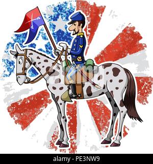 Cartoon-style illustration: United States Cavalry soldier riding his horse. American grunge flag on the background Stock Vector