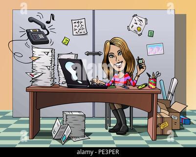 Cartoon-style illustration: a busy smiling young employee in her office, working hard Stock Vector