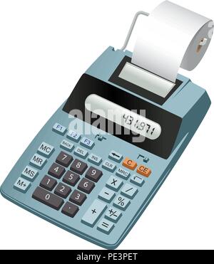 Realistic illustration of an electronic calculator with paper roll. Isolated on white Stock Vector