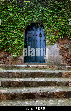 Stone stairs to building iwith and old doors surrounded by creeping ivy plants, Old Town of Tossa de Mar in Catalonia, Spain Stock Photo