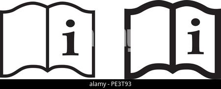Simple "read instructions" icon. Letter i on page of a book, 2 different stroke weights versions. Stock Vector
