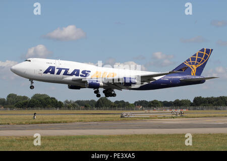 Boeing 747-400F freighter operated by Atlas Air landing at RAF Mildenhall on a military charter. Stock Photo