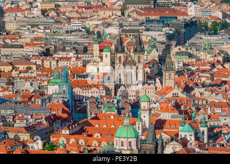 Prague cityscape, aerial city view of the twin-spired Tyn Church sited in the historical Stare Mesto (old town) - in the center of Prague, Czech Rep. Stock Photo