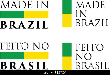 Simple Made in Brazil / Feito no Brasil (portuguese translation) label. Text with national colors arranged horizontal and vertical. Stock Vector