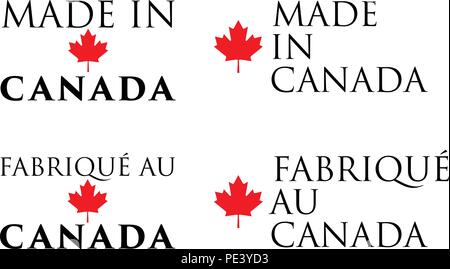 Simple Made in Canada / ("Fabrique au Canada" in French) label. Text with red maple leaf arranged horizontal and vertical. Stock Vector