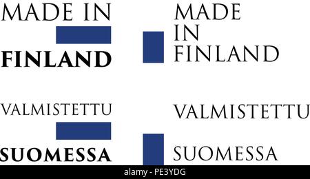 Simple Made in Finland / Valmistettu Suomessa (finnish) label. Text with national colors arranged horizontal and vertical. Stock Vector