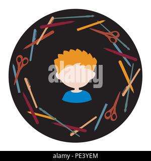 Black round frame with boy drawing, pen scarf and pencil on black background - vector, flat design Stock Vector