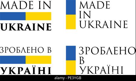 Simple Made in Ukraine / (ukrainian translation) label. Text with national colors arranged horizontal and vertical. Stock Vector