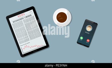 Bad news for economics and Business down chart, negative arrow on tablet while boss calls. Coffe and busines background. Stock Vector