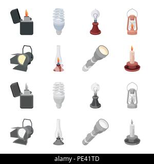 Searchlight, kerosene lamp, candle, flashlight.Light source set collection icons in cartoon,monochrome style vector symbol stock illustration . Stock Vector