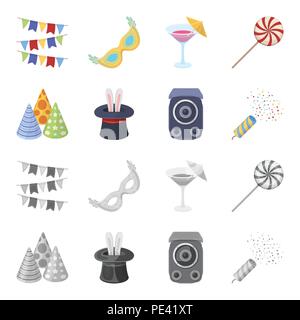 Tricks, music and other accessories at the party.Party and partits set collection icons in cartoon,monochrome style vector symbol stock illustration . Stock Vector