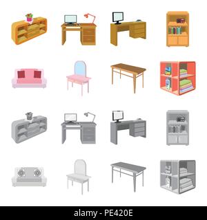 Soft sofa, toilet make-up table, dining table, shelving for laundry and detergent. Furniture and interior set collection icons in cartoon,monochrome s Stock Vector