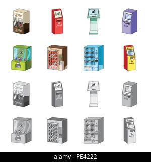 A game machine, a ticket sales terminal, an automaton for selling aqua and chocolate. Terminals set collection icons in cartoon,monochrome style isome Stock Vector