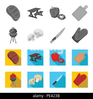 Barbeque grill, champignons, knife, barbecue mitten.BBQ set collection icons in monochrome,flat style vector symbol stock illustration, Stock Vector