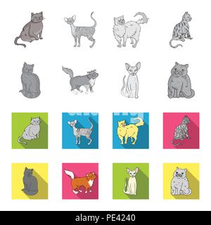Sphinx, nibelung,norwegian forest cat and other species. Cat breeds set collection icons in monochrome,flat style vector symbol stock illustration . Stock Vector