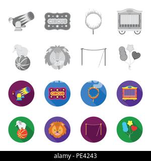 Elephant on the ball, circus lion, crossbeam, balls.Circus set collection icons in monochrome,flat style vector symbol stock illustration . Stock Vector