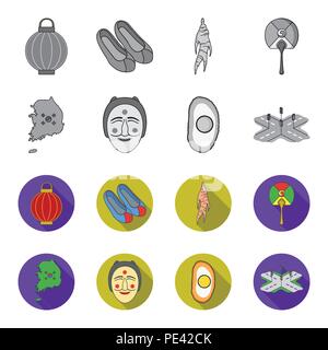 A map of the state with a flag, a Korean mask, a national egg meal, a crossroads with traffic lights. South Korea set collection icons in monochrome,f Stock Vector