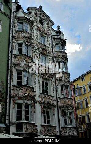 A view of Helblinghaus building from left side, an elegant Regency style facade situated on the Herzog Friedrich Strasse in Innsbruck, Austria, Europe Stock Photo