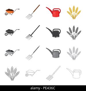 Wheelbarrow with a load, farm forks, plastic watering can, wheat spikes. Farm set collection icons in cartoon black monochrome outline style vector sy Stock Vector