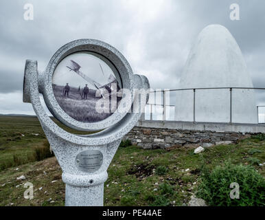 Nosecone memorial and image of crashed plane commemorating Alcock and Brown's first trans-Atlantic flight on Derrygimlagh Bog in Connemara Ireland Stock Photo