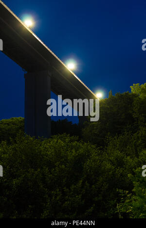 Low-angle view of the span and supports of the Zubova Schel viaduct over lush vegetation at dusk, Sochi, Russia Stock Photo