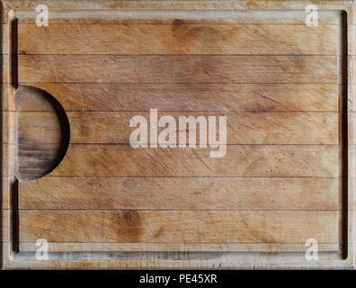 Rough wooden rectangular used cutting board background with horizontal lines and cutting traces directly from above Stock Photo