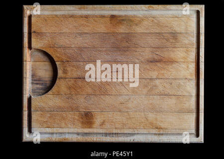 Rough wooden rectangular used cutting board background with horizontal lines and cutting traces directly from above on black background Stock Photo